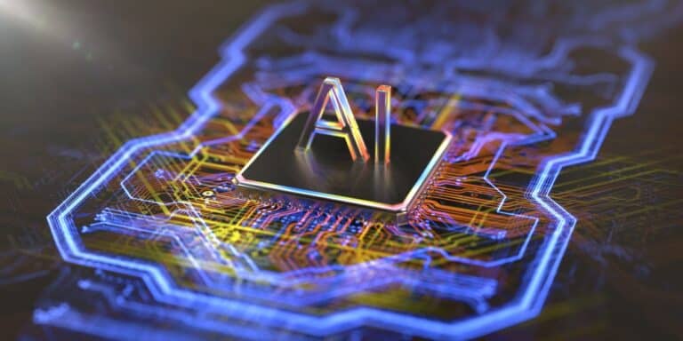 3D-afbeelding van een microchip met gloeiende "ai"-letters op een complexe printplaat, die kunstmatige intelligentietechnologie vertegenwoordigt.