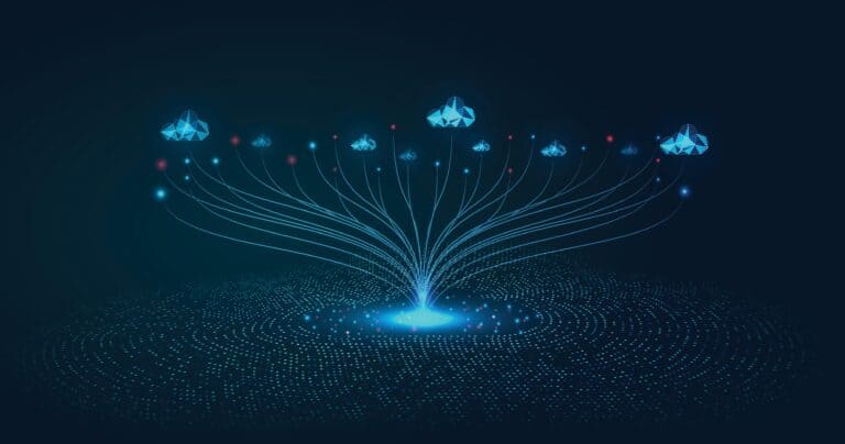 Digitale illustratie van gegevensoverdracht met meerdere cloudiconen die via blauwe lijnen op een donkere achtergrond met een centraal punt zijn verbonden.